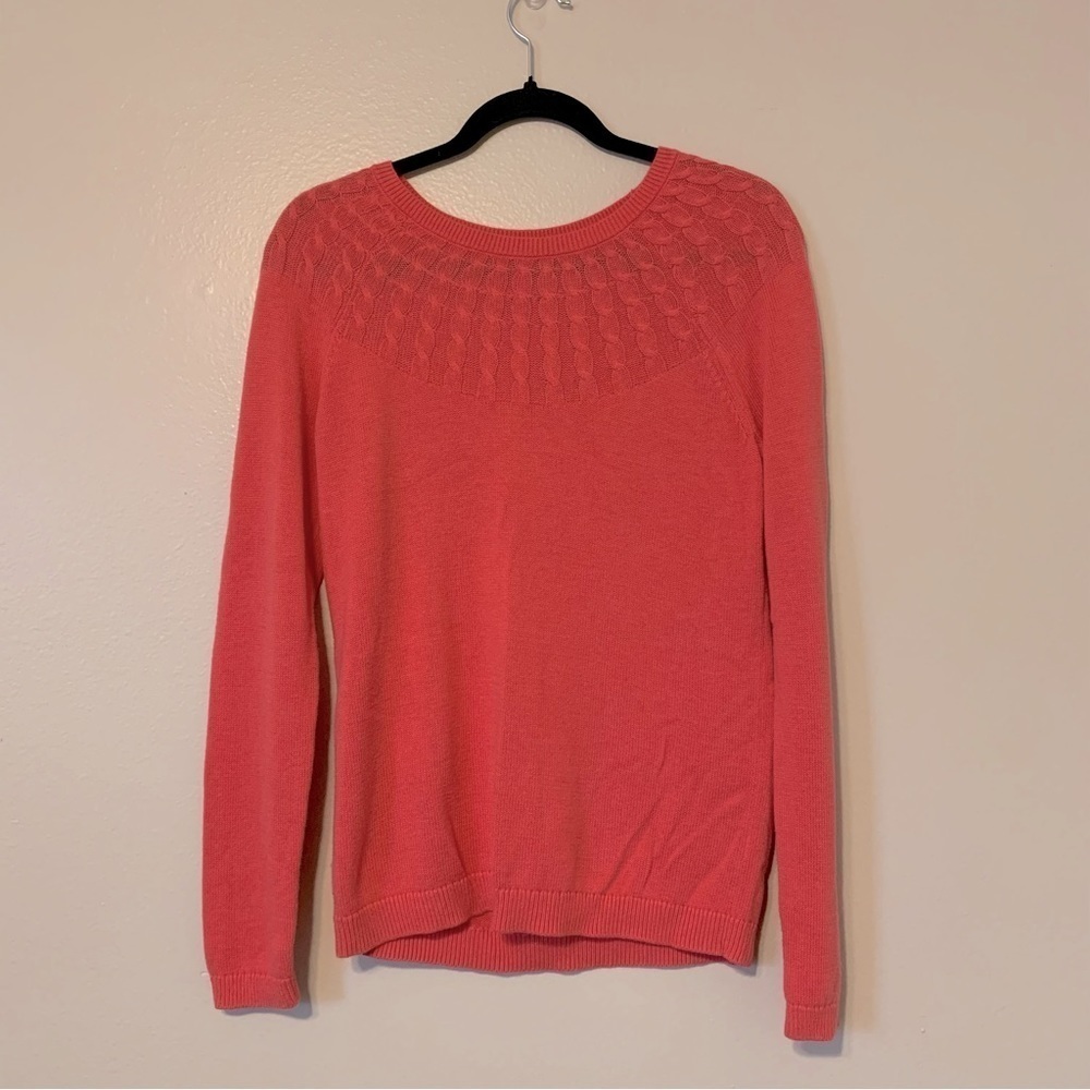 Talbots Coral Pink Braided Yoke Long Sleeve Sweater